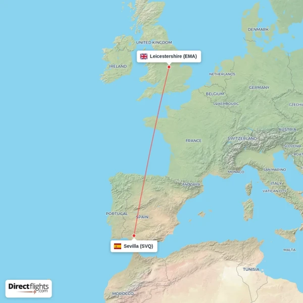 Sevilla - Leicestershire direct flight map