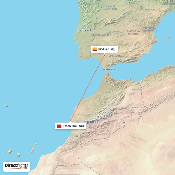 Sevilla - Essaouira direct flight map