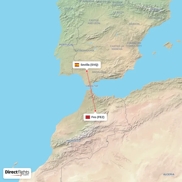 Sevilla - Fes direct flight map