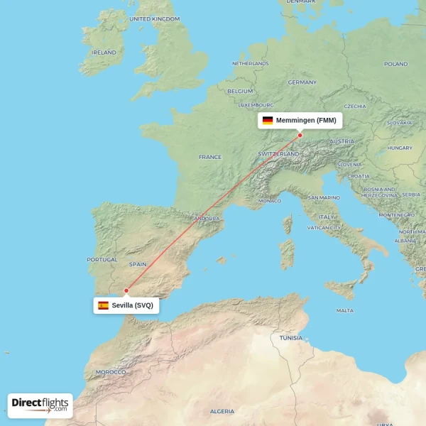 Sevilla - Memmingen direct flight map