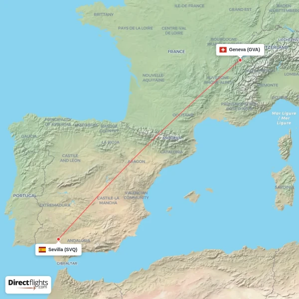 Sevilla - Geneva direct flight map