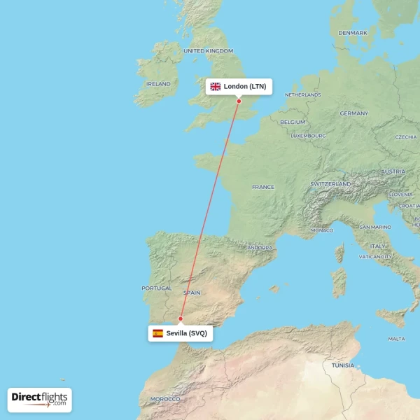 Sevilla - London direct flight map
