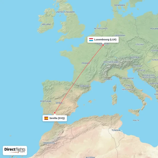 Sevilla - Luxembourg direct flight map