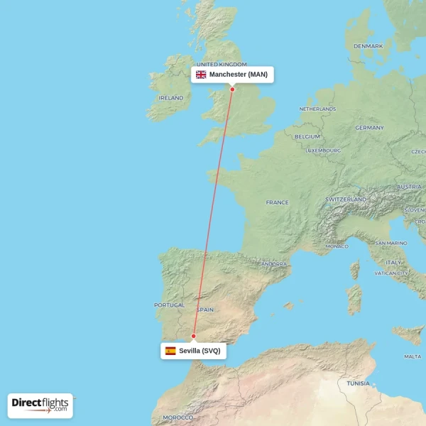 Sevilla - Manchester direct flight map