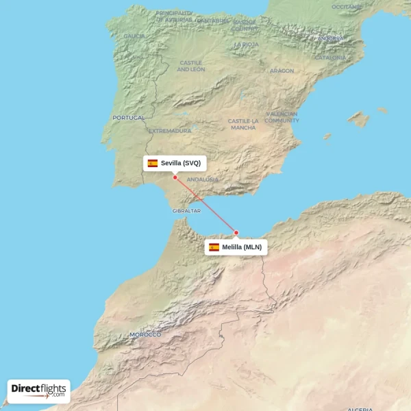 Sevilla - Melilla direct flight map