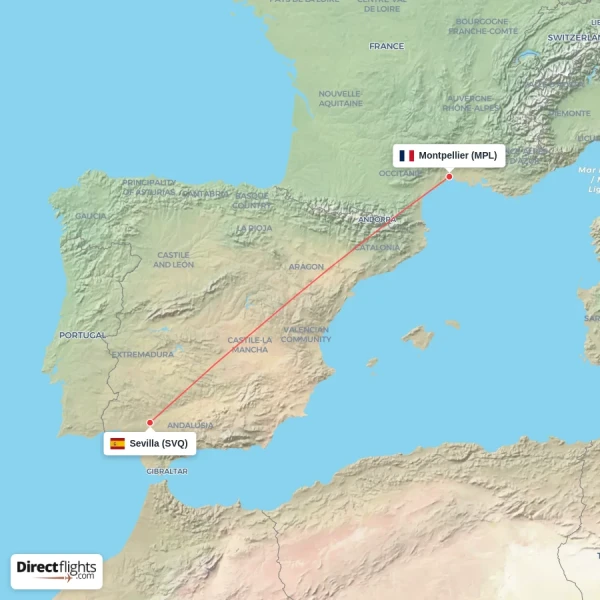 Sevilla - Montpellier direct flight map