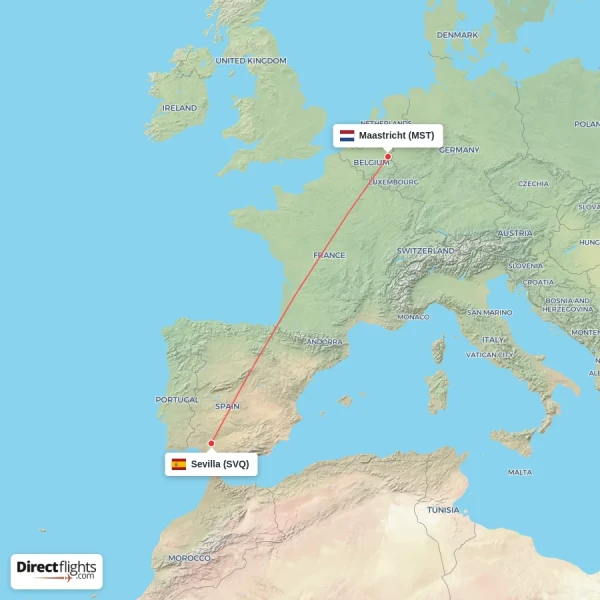 Sevilla - Maastricht direct flight map