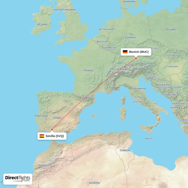 Sevilla - Munich direct flight map