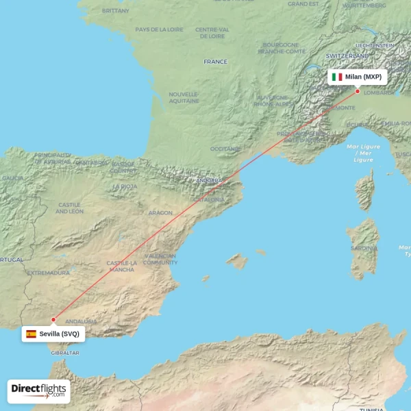 Sevilla - Milan direct flight map
