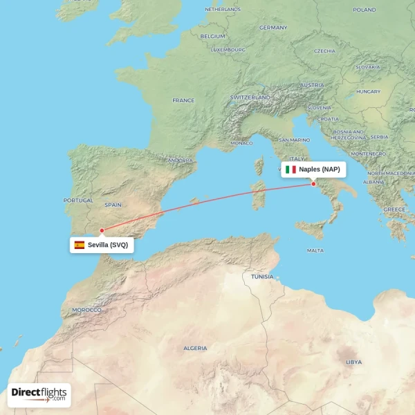 Sevilla - Naples direct flight map