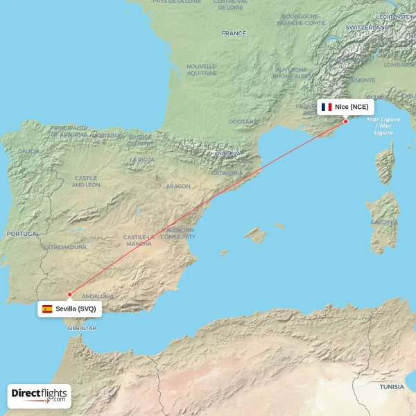 Sevilla - Nice direct flight map