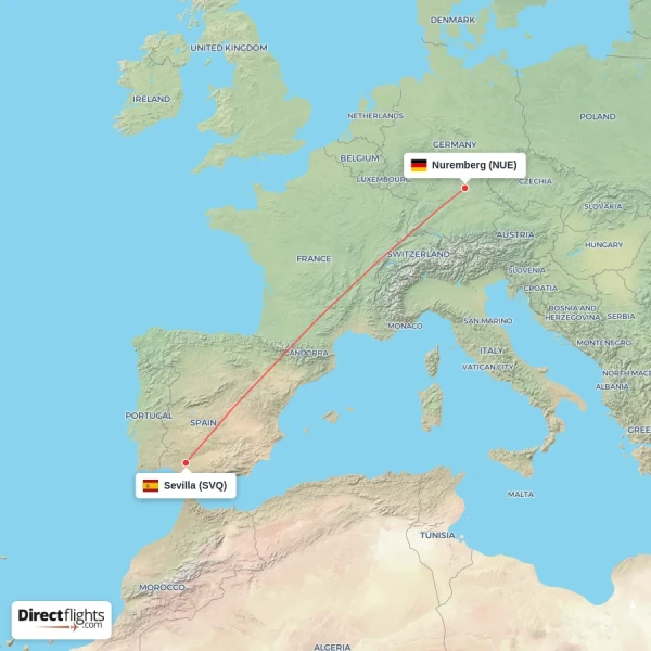 Sevilla - Nuremberg direct flight map