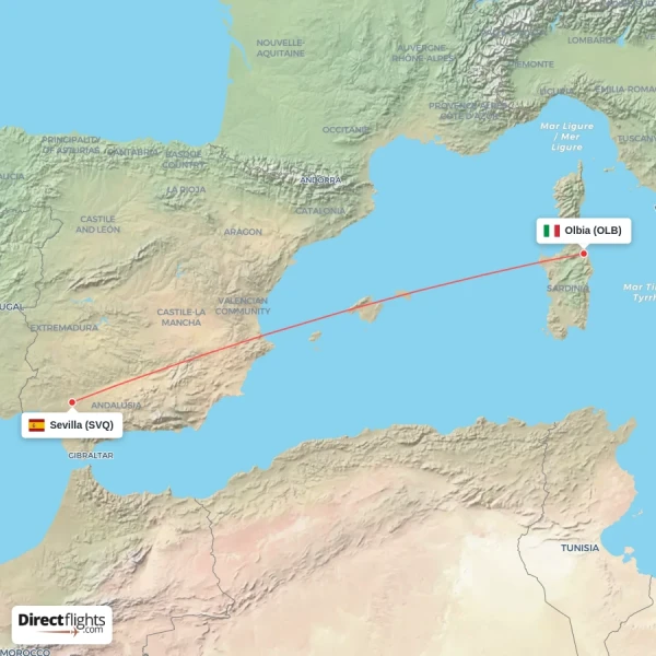 Sevilla - Olbia direct flight map