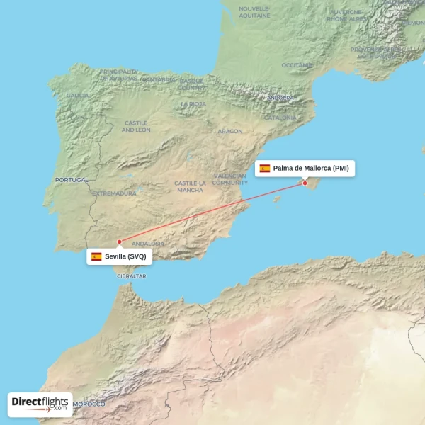 Sevilla - Palma de Mallorca direct flight map