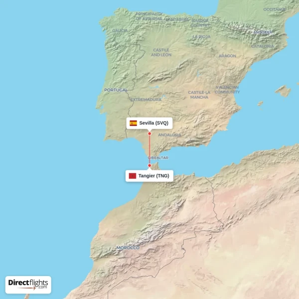 Sevilla - Tangier direct flight map