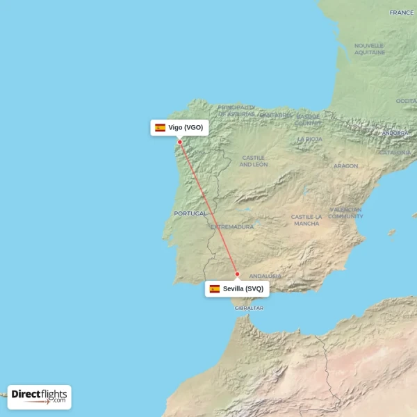 Sevilla - Vigo direct flight map