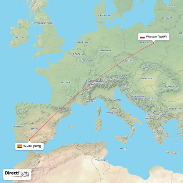 Sevilla - Warsaw direct flight map