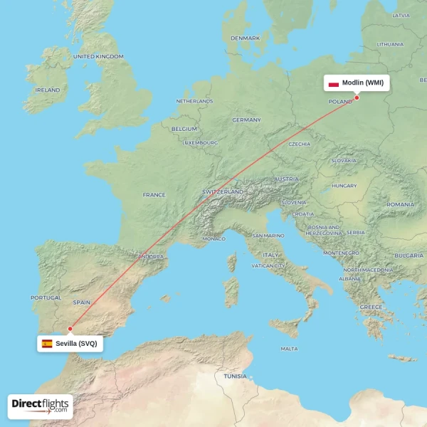 Sevilla - Modlin direct flight map