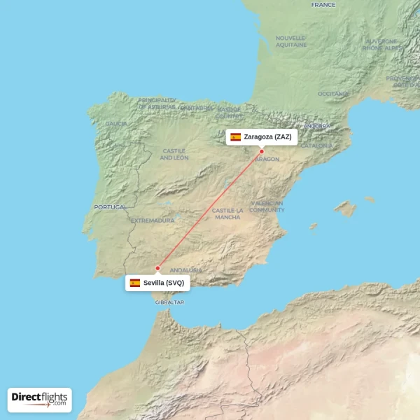 Sevilla - Zaragoza direct flight map