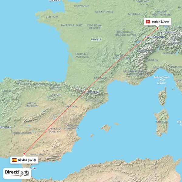 Sevilla - Zurich direct flight map