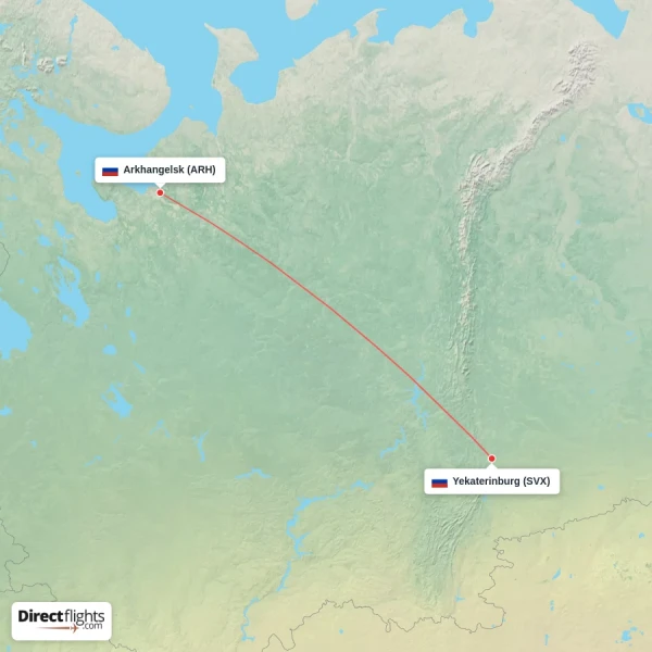 Yekaterinburg - Arkhangelsk direct flight map