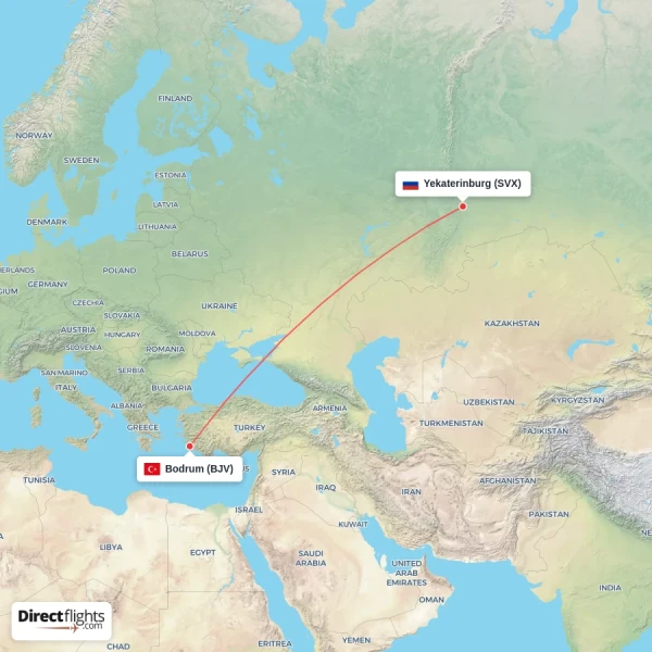 Yekaterinburg - Bodrum direct flight map
