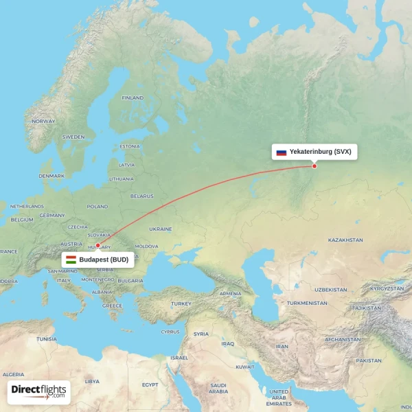 Yekaterinburg - Budapest direct flight map