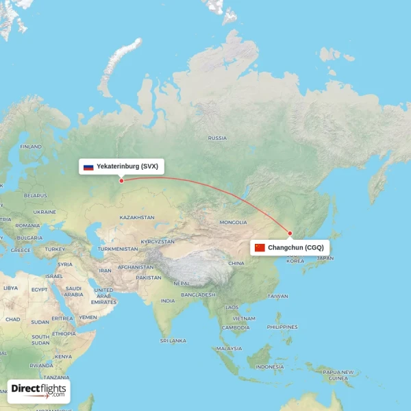 Yekaterinburg - Changchun direct flight map