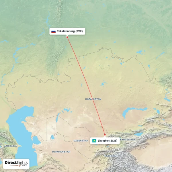 Yekaterinburg - Shymkent direct flight map