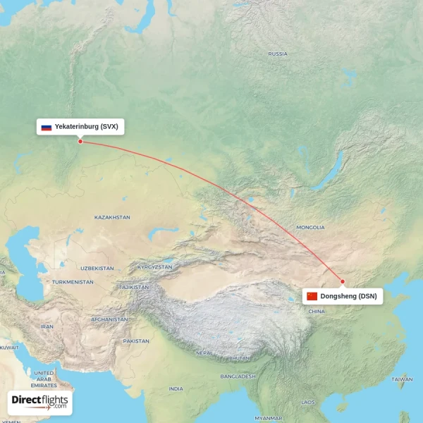 Yekaterinburg - Dongsheng direct flight map