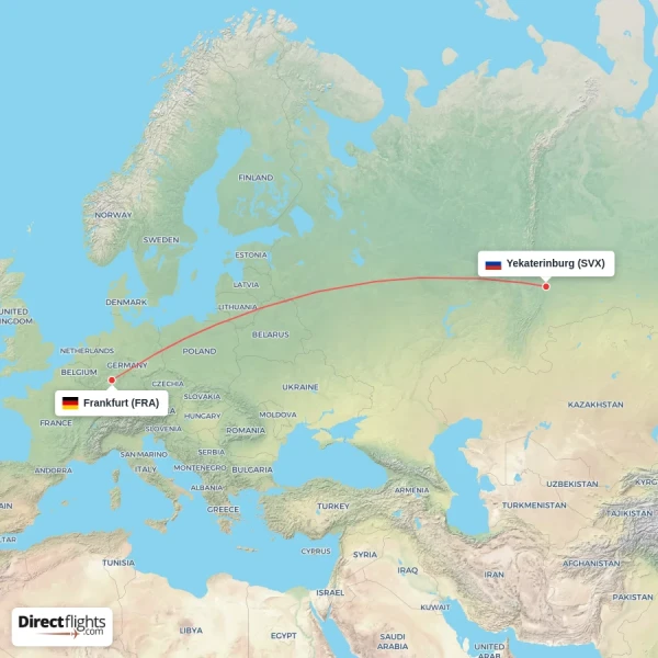 Yekaterinburg - Frankfurt direct flight map