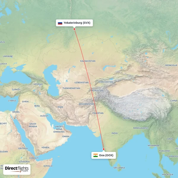 Yekaterinburg - Goa direct flight map