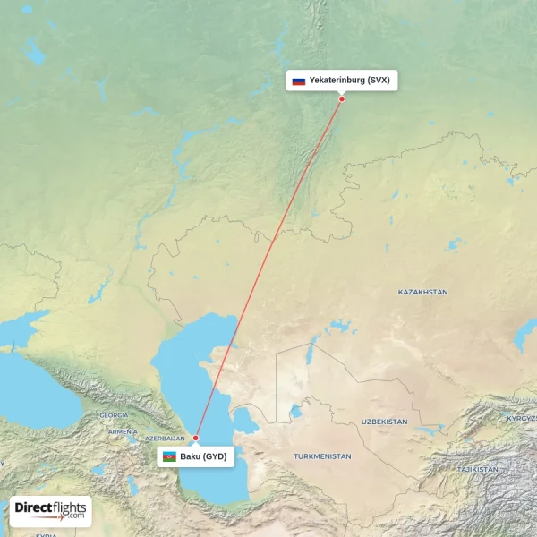 Yekaterinburg - Baku direct flight map
