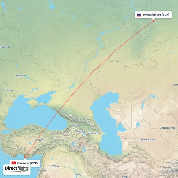 Yekaterinburg - Gazipasa direct flight map
