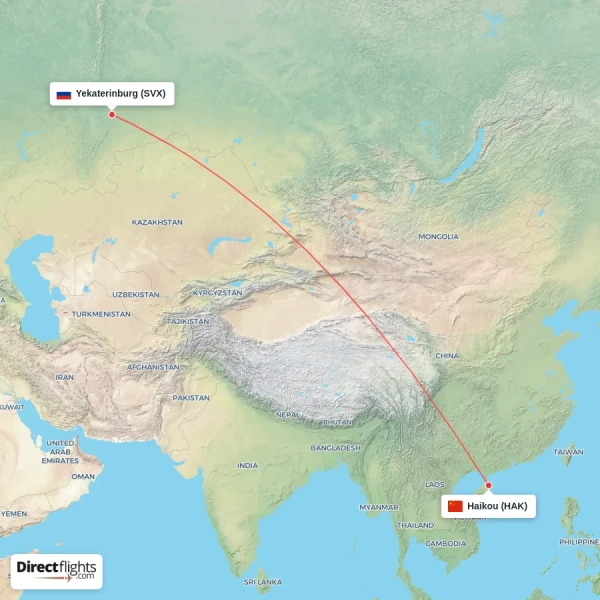 Yekaterinburg - Haikou direct flight map