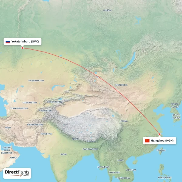 Yekaterinburg - Hangzhou direct flight map