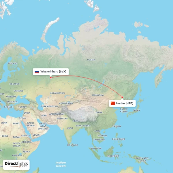 Yekaterinburg - Harbin direct flight map