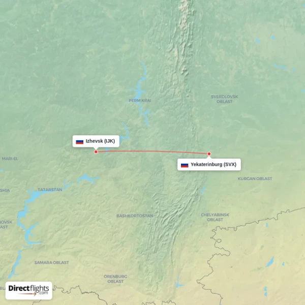 Yekaterinburg - Izhevsk direct flight map