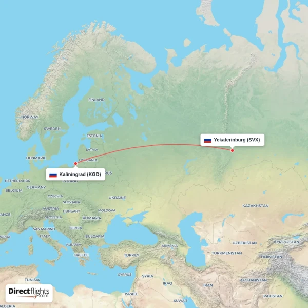 Yekaterinburg - Kaliningrad direct flight map