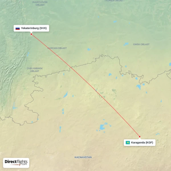 Yekaterinburg - Karaganda direct flight map