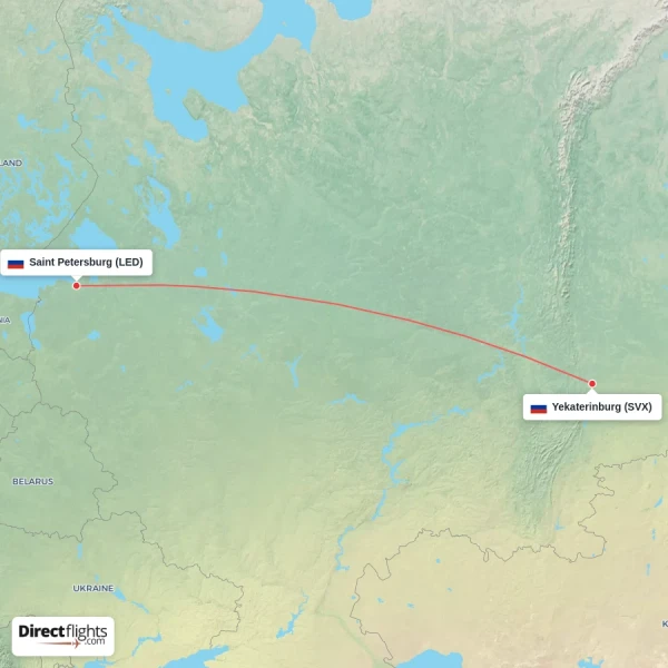 Yekaterinburg - Saint Petersburg direct flight map