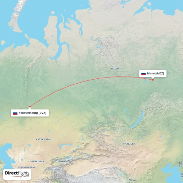 Yekaterinburg - Mirnyj direct flight map