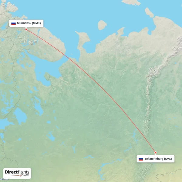 Yekaterinburg - Murmansk direct flight map