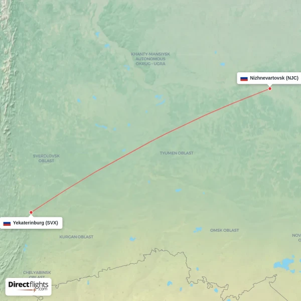 Yekaterinburg - Nizhnevartovsk direct flight map