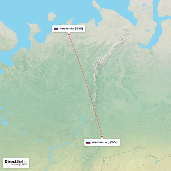 Yekaterinburg - Naryan-Mar direct flight map