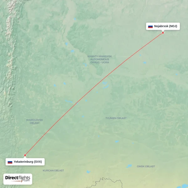 Yekaterinburg - Nojabrxsk direct flight map