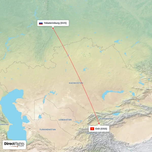 Yekaterinburg - Osh direct flight map