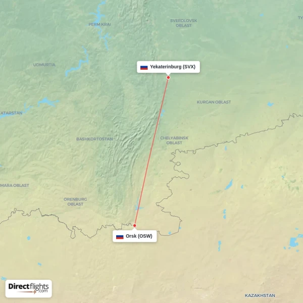 Yekaterinburg - Orsk direct flight map
