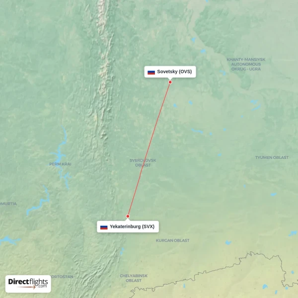 Yekaterinburg - Sovetsky direct flight map