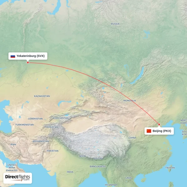 Yekaterinburg - Beijing direct flight map